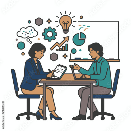 Business Meeting Illustration with Whiteboard, Charts, and Idea Symbols