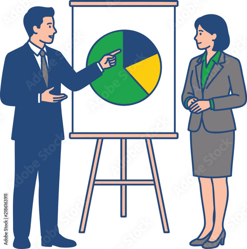 Business Professionals Presenting a Pie Chart Analysis with Data Visualization and Strategic