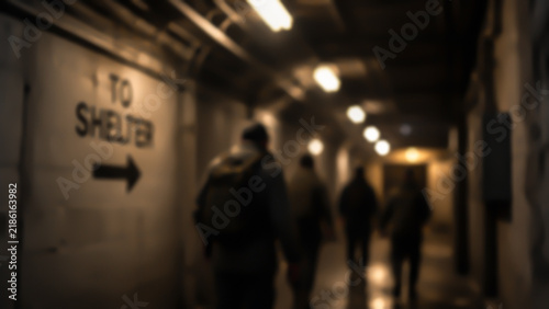 Defocused emergency background: a sign with an arrow to shelter on the wall and walking people from behind