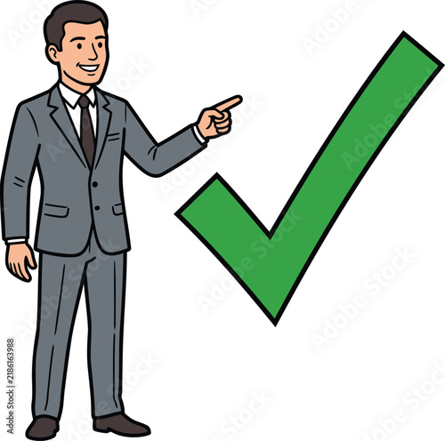 Businessman Illustration with a Checkmark Symbol. Business Approval and Positive Decision Concept