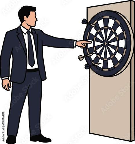 Businessman Pointing at a Dartboard Target with Several Darts Stuck