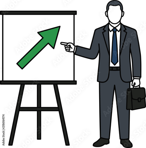 Businessman Presenting a Growth Chart with an Upward Arrow. Business Presentation and Financial