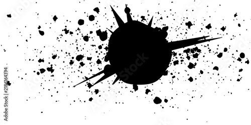 Black ink splatter graphic with sharp edges and a central spherical shape, creating a dynamic and chaotic abstract design.