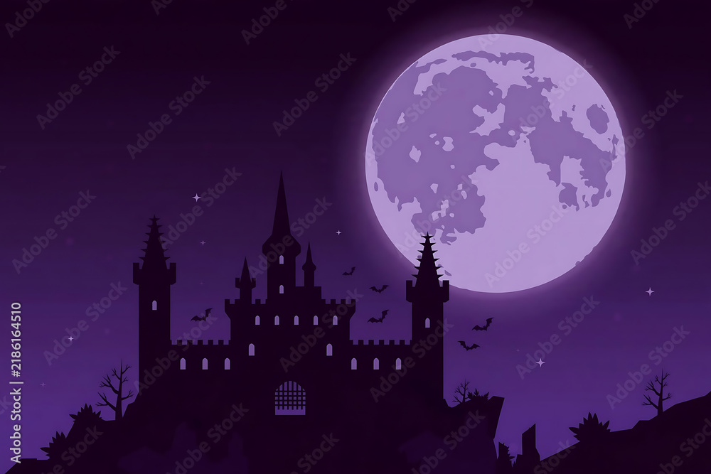 Fototapeta premium Spooky medieval castle silhouette under a giant purple full moon isolated on transparent background