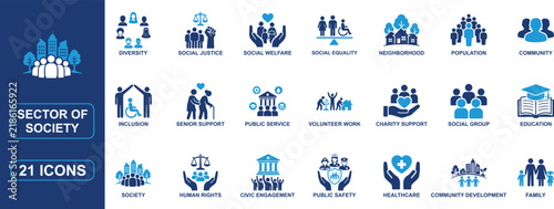 Sector of Society Solid Icon Set Featuring Public Healthcare, Education, Community Development, Social Justice, Human Rights, Charity, Elder Care and Disability Support Vector Glyphs