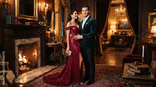 Elegant Couple in Formal Evening Attire - Romantic Luxury Interior with Fireplace - Opulent Mansion Gala Party Scene
