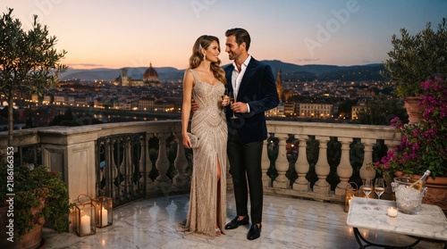 Elegant Couple in Formal Evening Attire - Romantic Luxury Interior with Fireplace - Opulent Mansion Gala Party Scene