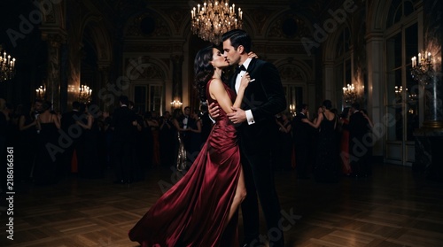 Elegant Couple in Formal Evening Attire - Romantic Luxury Interior with Fireplace - Opulent Mansion Gala Party Scene