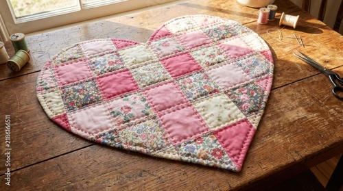 Heart Shaped Patchwork Floral Quilt on Wooden Floor in Sunlight