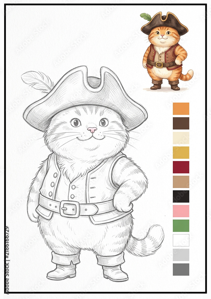 Fototapeta premium Cute chubby orange tabby cat dressed as an original pirate captain presented as a clean pencil sketch and color reference art sheet.