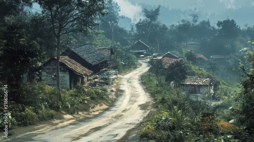 Rural dirt road winding through small houses in misty forest area