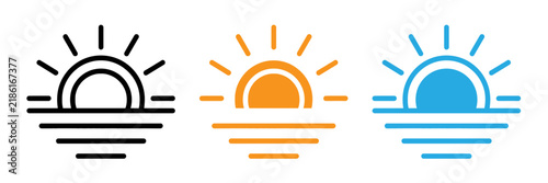 Minimalist sunrise or sunset icon set in black orange and blue colors