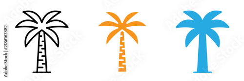 Three colorful palm tree illustrations in black orange and blue isolated on white