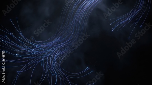 Abstract digital background featuring glowing blue light trails and fiber optic lines flowing through dark space atmosphere