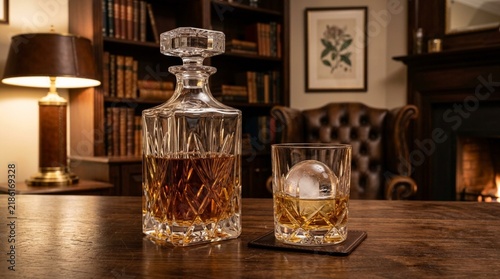 Luxury Whiskey Decanter and Glass with Ice Sphere in Study