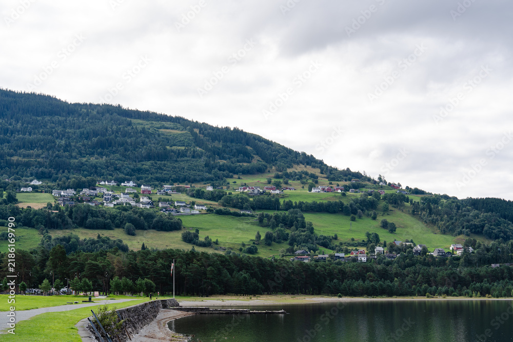 Obraz premium Scenic Norwegian village nestled on a green hillside overlooking a calm lake
