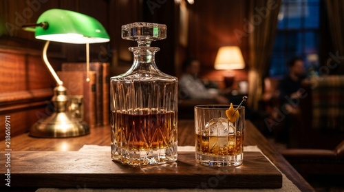 Luxury Whiskey Decanter and Glass with Ice, Warm Ambiance, Study Room