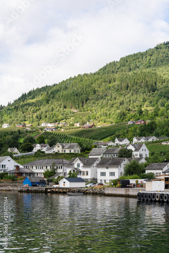 Obraz na plátně Scenic Norwegian village of Eidfjord with houses and orchards on a green hillsid