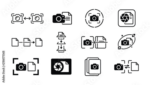 Collection of camera and document file transfer icons with transparent backgrounds