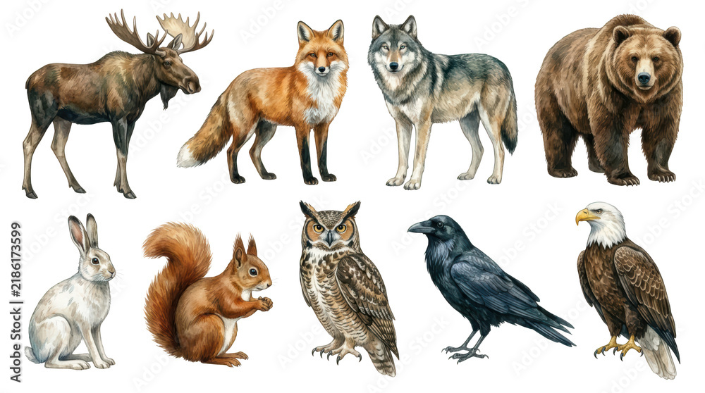 Obraz premium Collection of north american wildlife animals isolated on transparent background