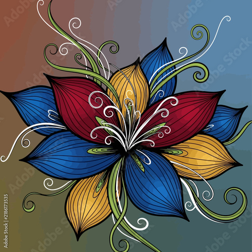 Stylized floral illustration with swirls and vibrant petals