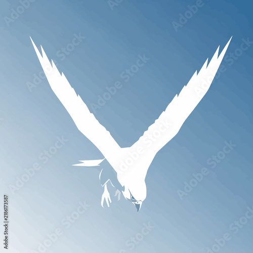 Stylized white bird silhouette flying against blue gradient sky background