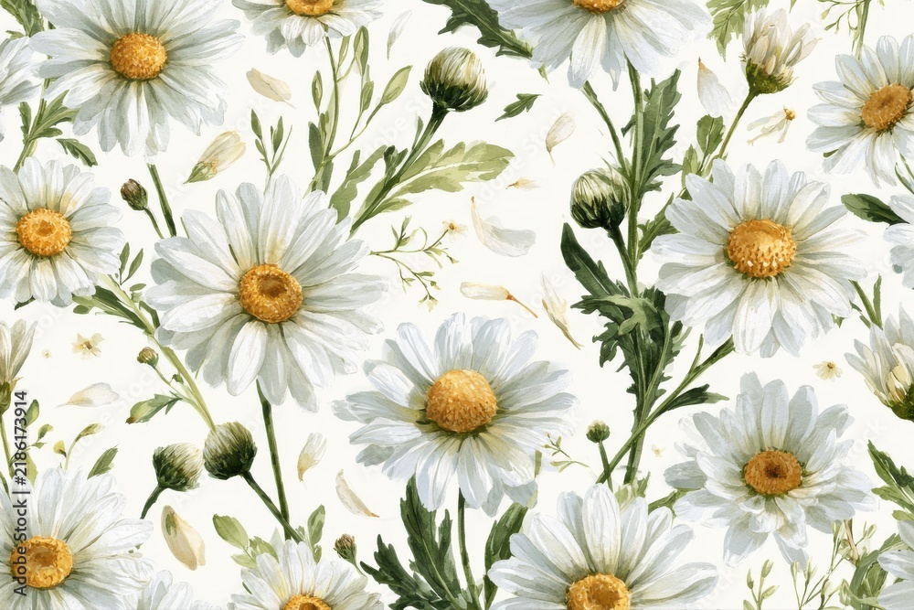 Fototapeta premium Watercolor daisy flowers seamless pattern vector illustration background