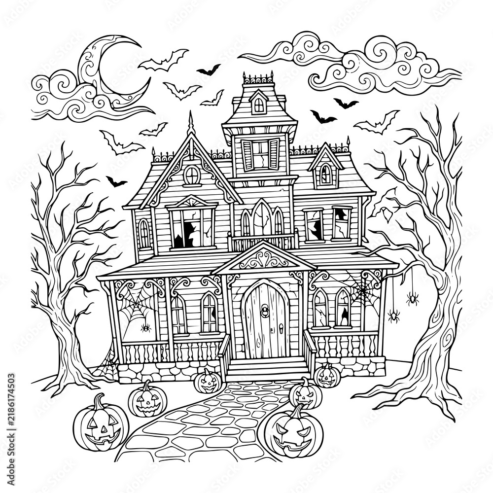 Fototapeta premium Spooky Halloween Haunted Mansion with Gothic Architecture and Bare Trees