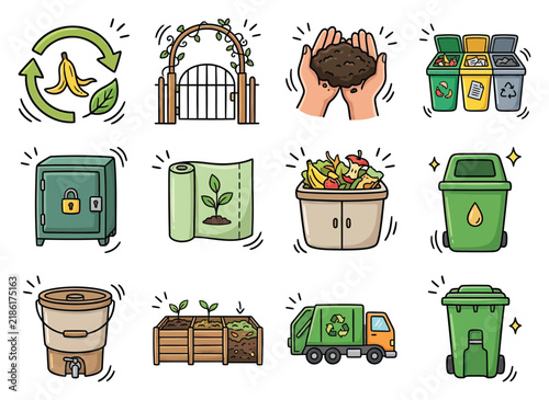 Composting collection of icons showing waste sorting and organic recycling while promoting sustainability and gardening