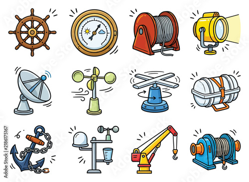 Nautical and weather equipment like ship wheel radar wind gauge anchor and crane while sailing at sea