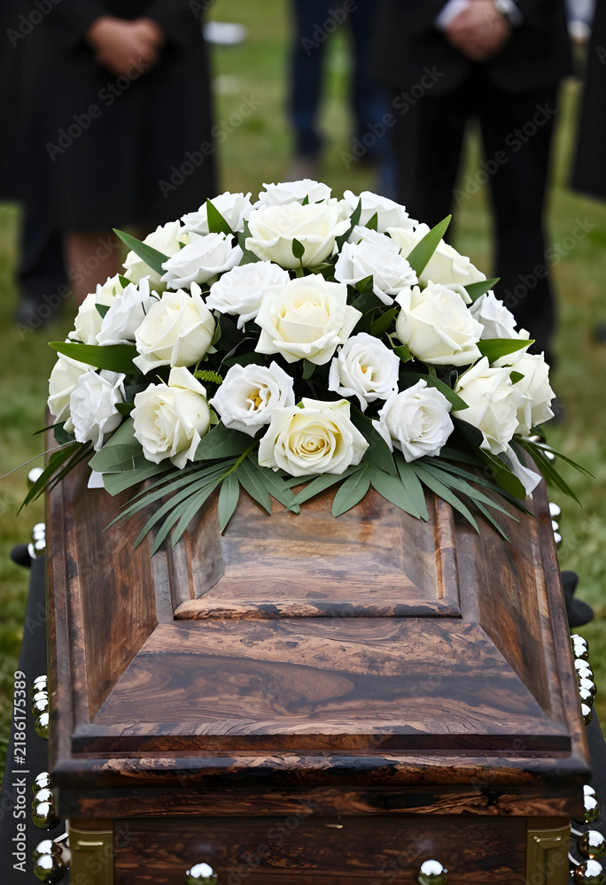 Obraz premium Funeral service and bereavement, white rose floral arrangement on a wooden casket during a burial ceremony with mourners standing in the background