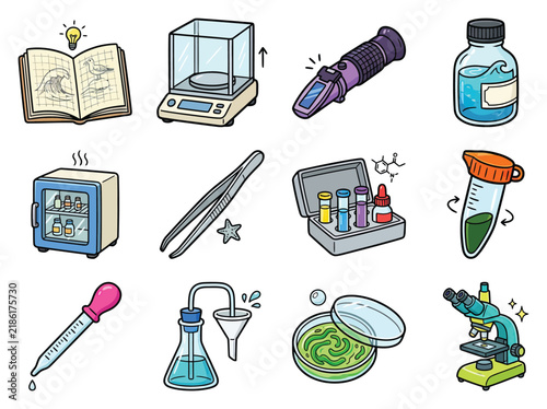 Lab equipment for science education and research with a microscope beaker and petri dish