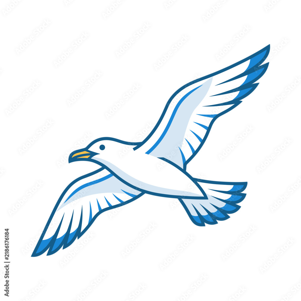 Obraz premium Soaring White Seagull Flying with Blue Wing Accents Vector Illustration