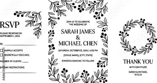 Wedding Invitation, floral invite thank you, rsvp modern card Design in Hand drawn flower with red berry and leaf greenery branches decorative Vector elegant rustic template