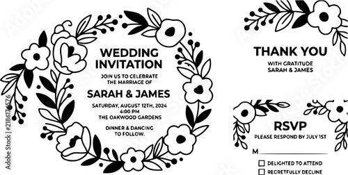 Wedding Invitation, floral invite thank you, rsvp modern card Design in Hand drawn flower with red berry and leaf greenery branches decorative Vector elegant rustic template