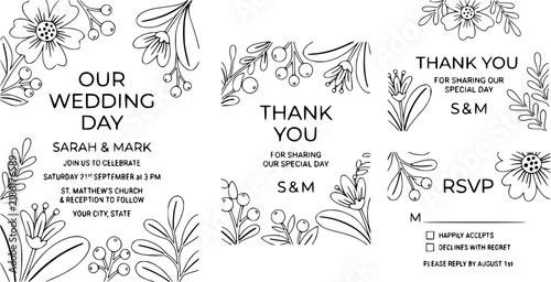 Wedding Invitation, floral invite thank you, rsvp modern card Design in Hand drawn flower with red berry and leaf greenery branches decorative Vector elegant rustic template