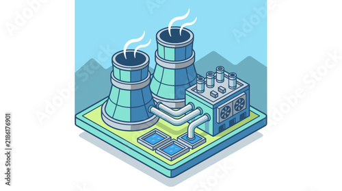 Creative Isometric of Modern Nuclear Power Plant with Cooling Towers Piping and Cooling Ponds in Light Blue and Green