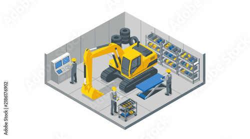 Creative Isometric of Modern Industrial Workshop with Yellow Excavator Workers and Organized Storage