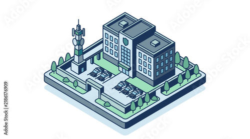 Creative Isometric of Modern Hospital Complex with Cell Tower Vehicles and Green Landscaping with high quality professional line art symbols for modern creative design and digital branding projects