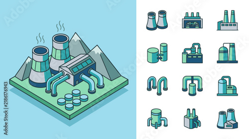 Creative Isometric of Nuclear Power Plant with Various Industrial Facility Icons in Blue and Green Color Scheme