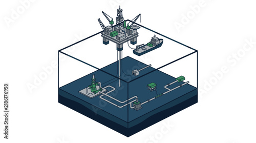 Creative Isometric of Offshore Oil Drilling Platform with Underwater Pipeline Network and Supply Vessel