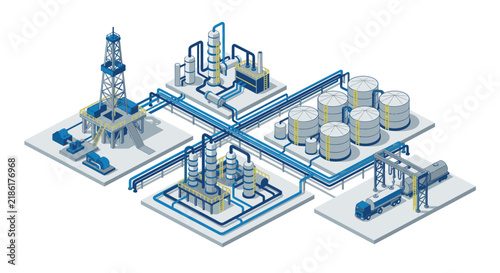 Creative Isometric of Oil Drilling Rig and Petroleum Refinery Plant with Pipelines Storage Tanks and Truck