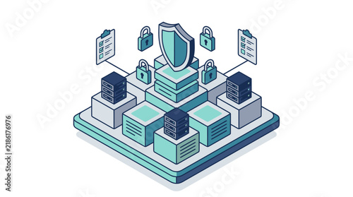 Creative Isometric of Secure Cloud Servers with Checklists and Locks for Data Protection with high quality professional line art symbols for modern creative design and digital branding projects