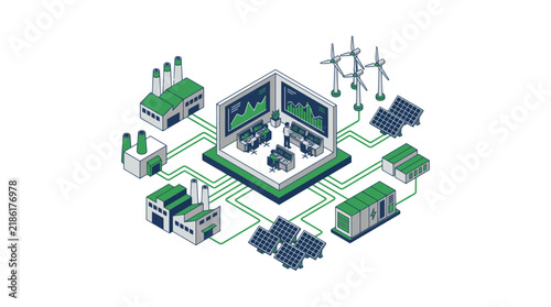 Creative Isometric of Smart Energy Management System with Factories Wind Turbines Solar Panels and Data Analytics