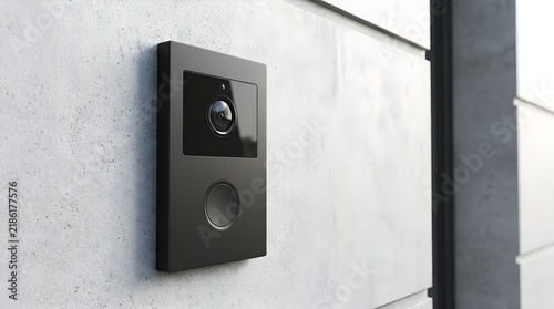 Close up of modern black smart video doorbell camera with button mounted on exterior concrete wall for home entrance security and monitoring.