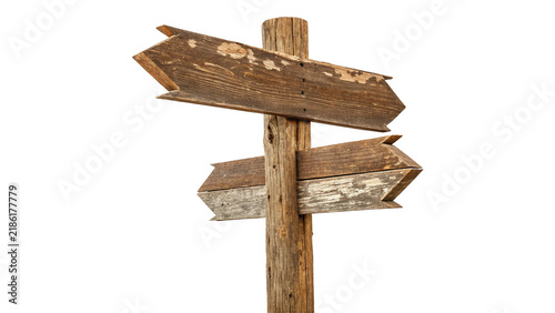 Rustic blank wooden directional signpost pointer for paths and trails isolated on transparent background