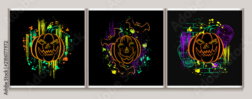 Set of Halloween compositions with traditional carved pumpkin, jack o lantern, neon fluorescent paint strokes, ink splatters, paint drips behind. Grunge style. Isolated on black