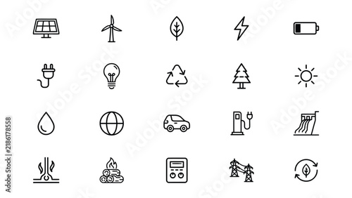 Collection of clean energy and eco friendly technology icons isolated transparent background