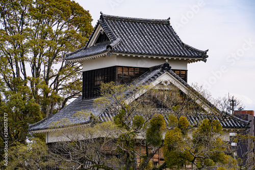 Photography Traditional turret of Kumamoto Castle framed by trees in Japan