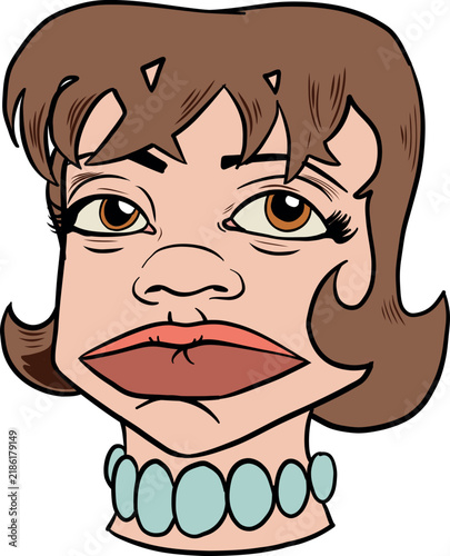 ustración estilizada de caricatura de una mujer con peinado clásico y collar de cuentas. Ilustración vectorial